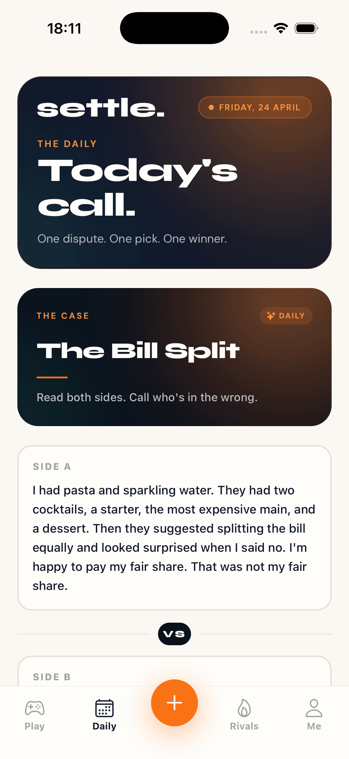 Daily Settle screen showing 'The Bill Split' dispute.